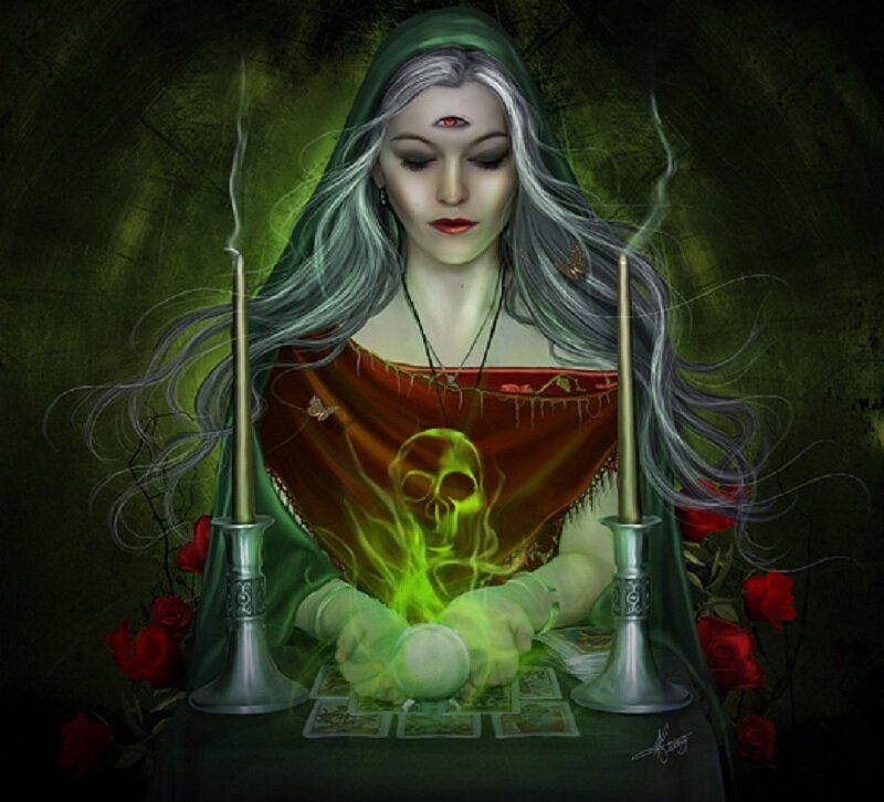 Witch with glowing skull