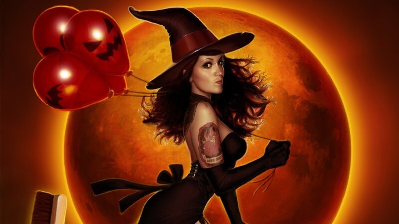 witch with jack-o-lantern balloons