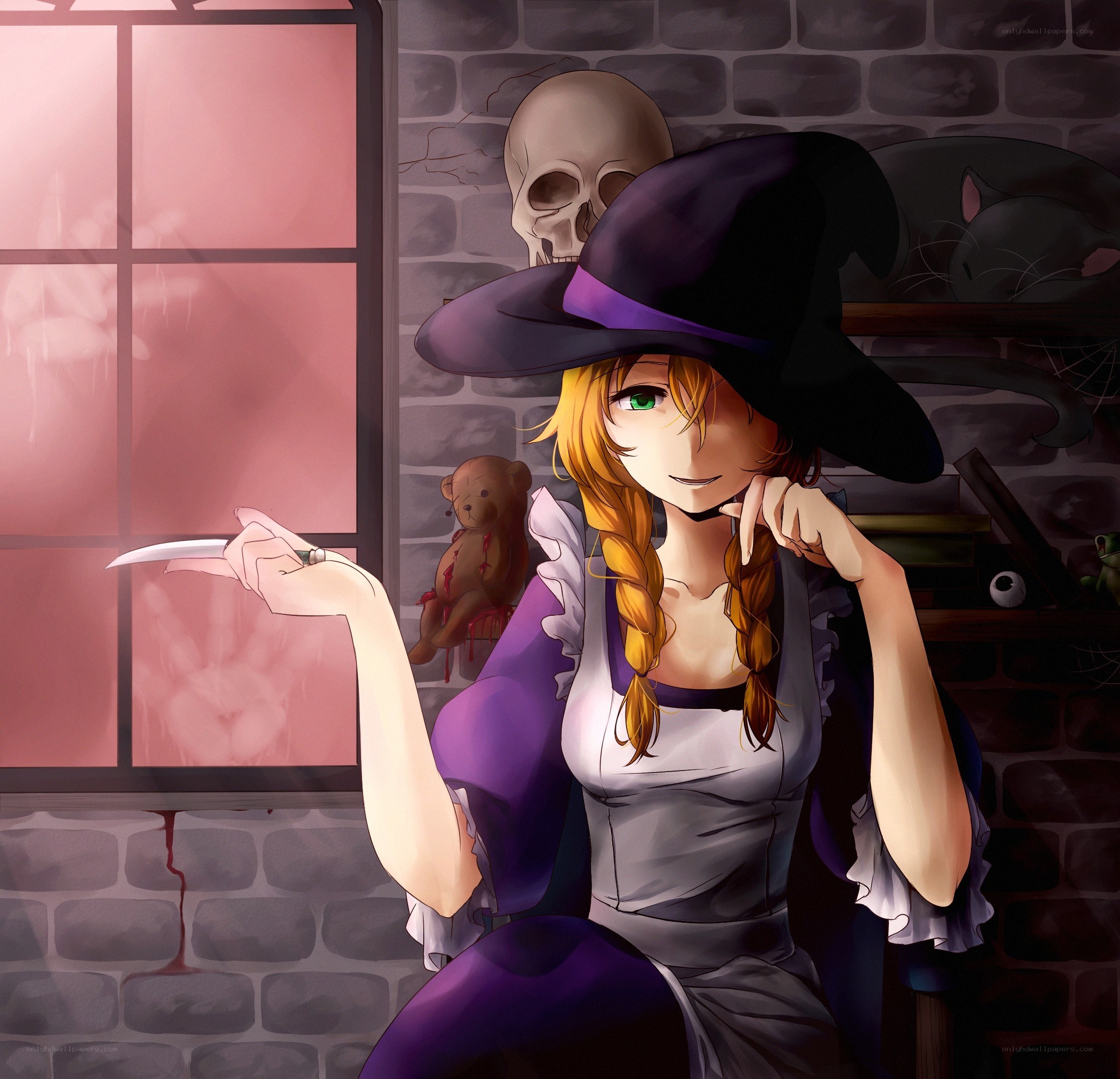 witch with knife in dark room
