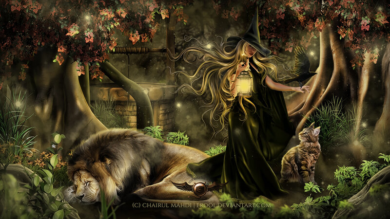 Witch with Lion and Cat