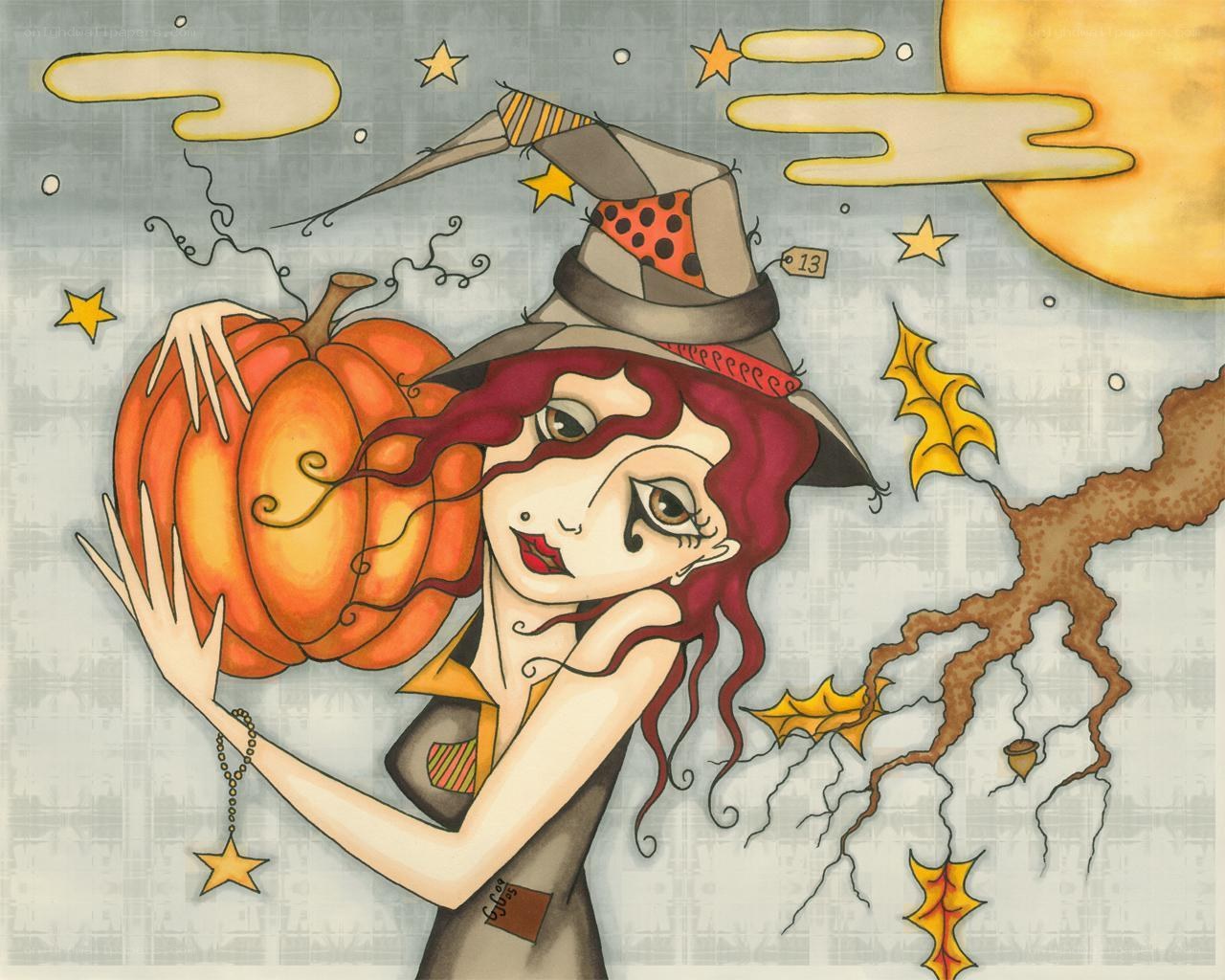 Witch with pumpkin and moon