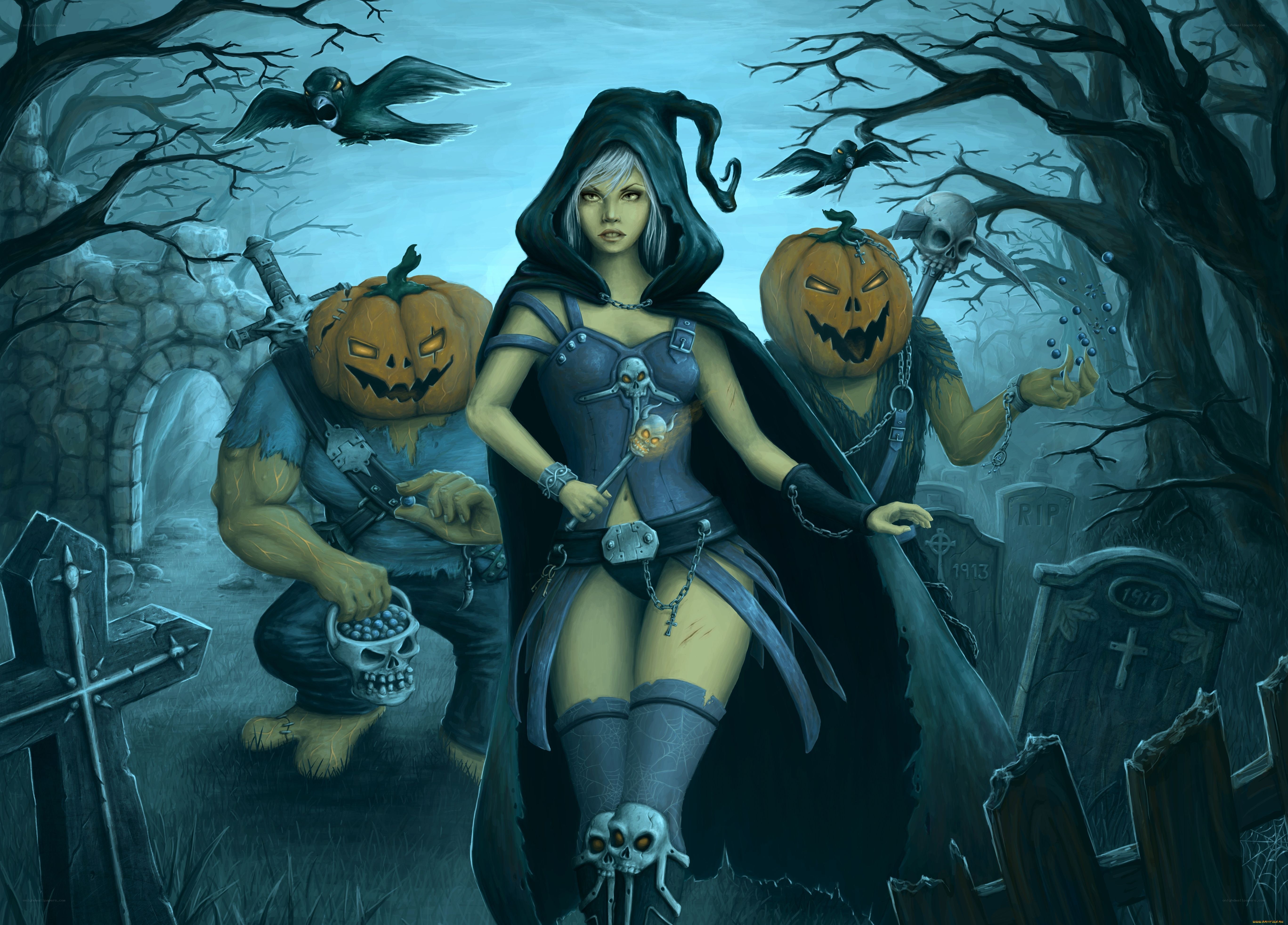 Witch with pumpkin-headed creatures