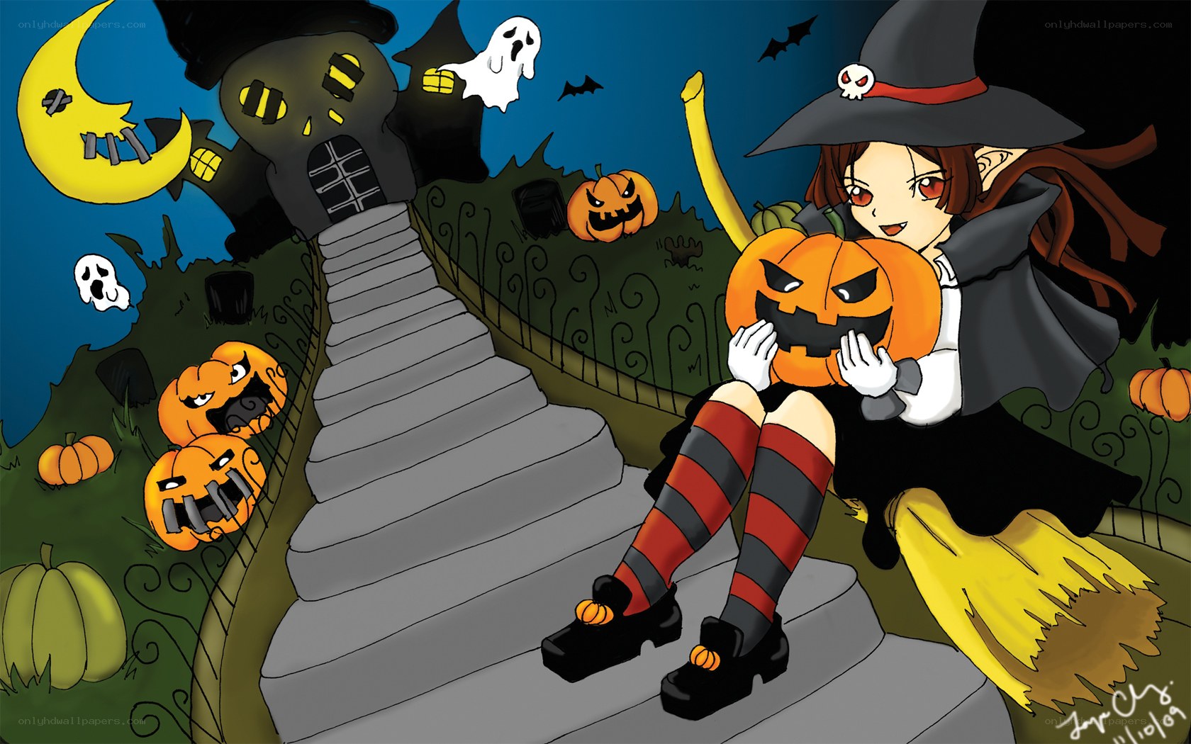witch with pumpkin on stairs