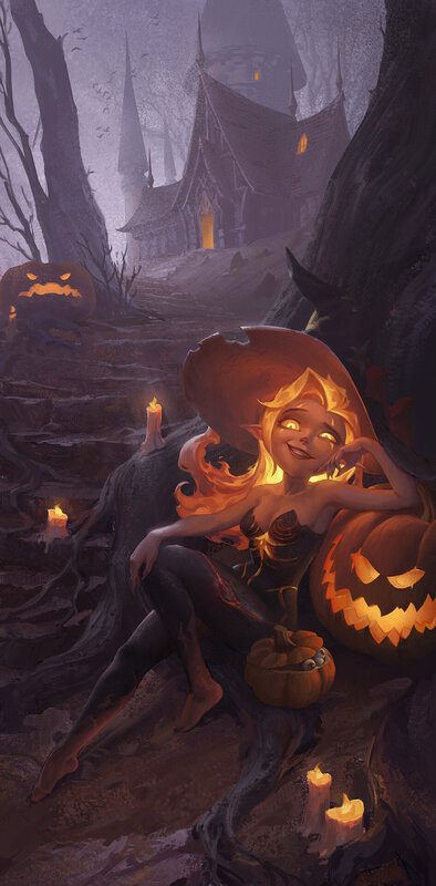 Witch with Pumpkin — Orange, Creepy, Night