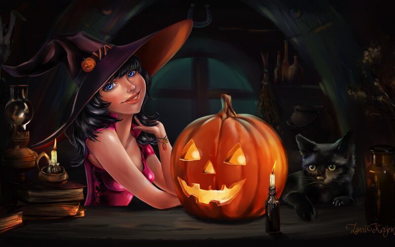 Witch with Pumpkin — Orange, Spooky, Night, Digital Art