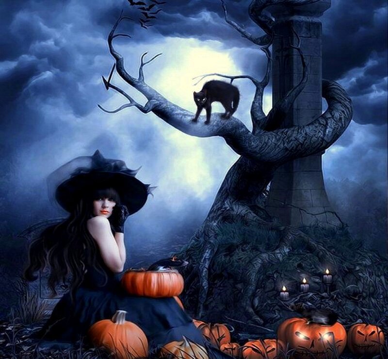 Witch with Pumpkins — Blue