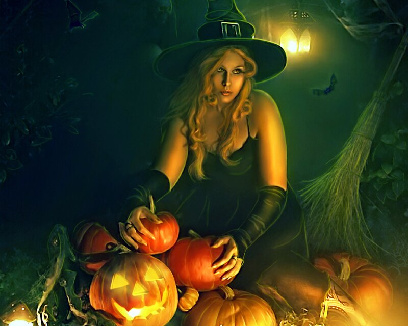 Witch with Pumpkins — Green