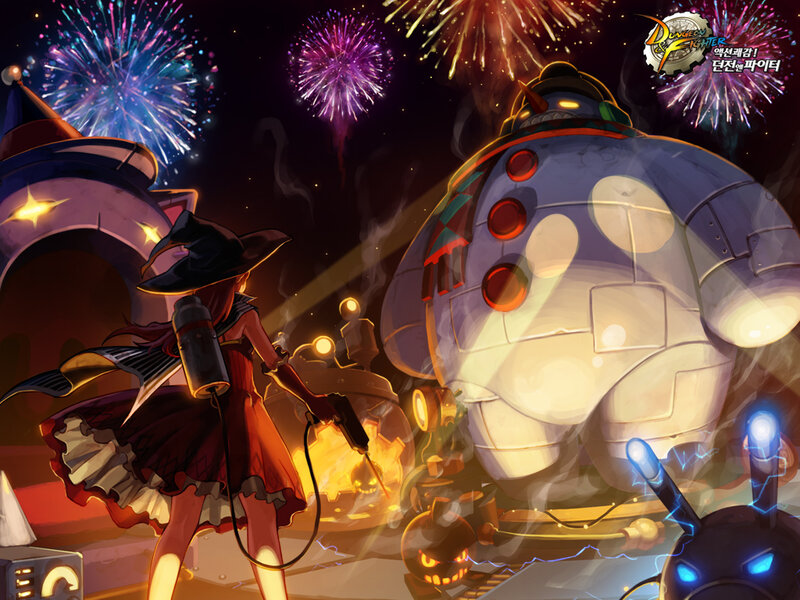 Witch with robot and fireworks