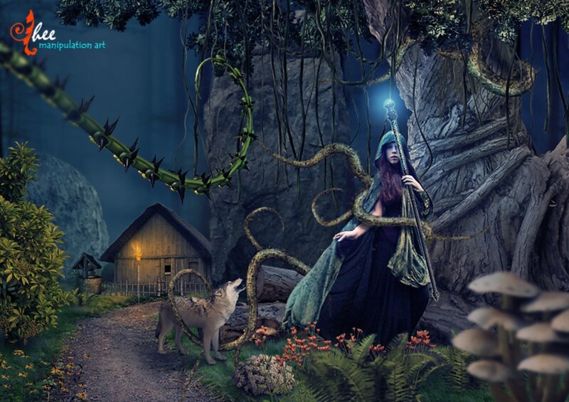 Witch with Staff in Forest
