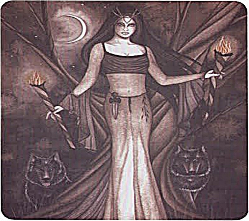 Witch with torches and wolves