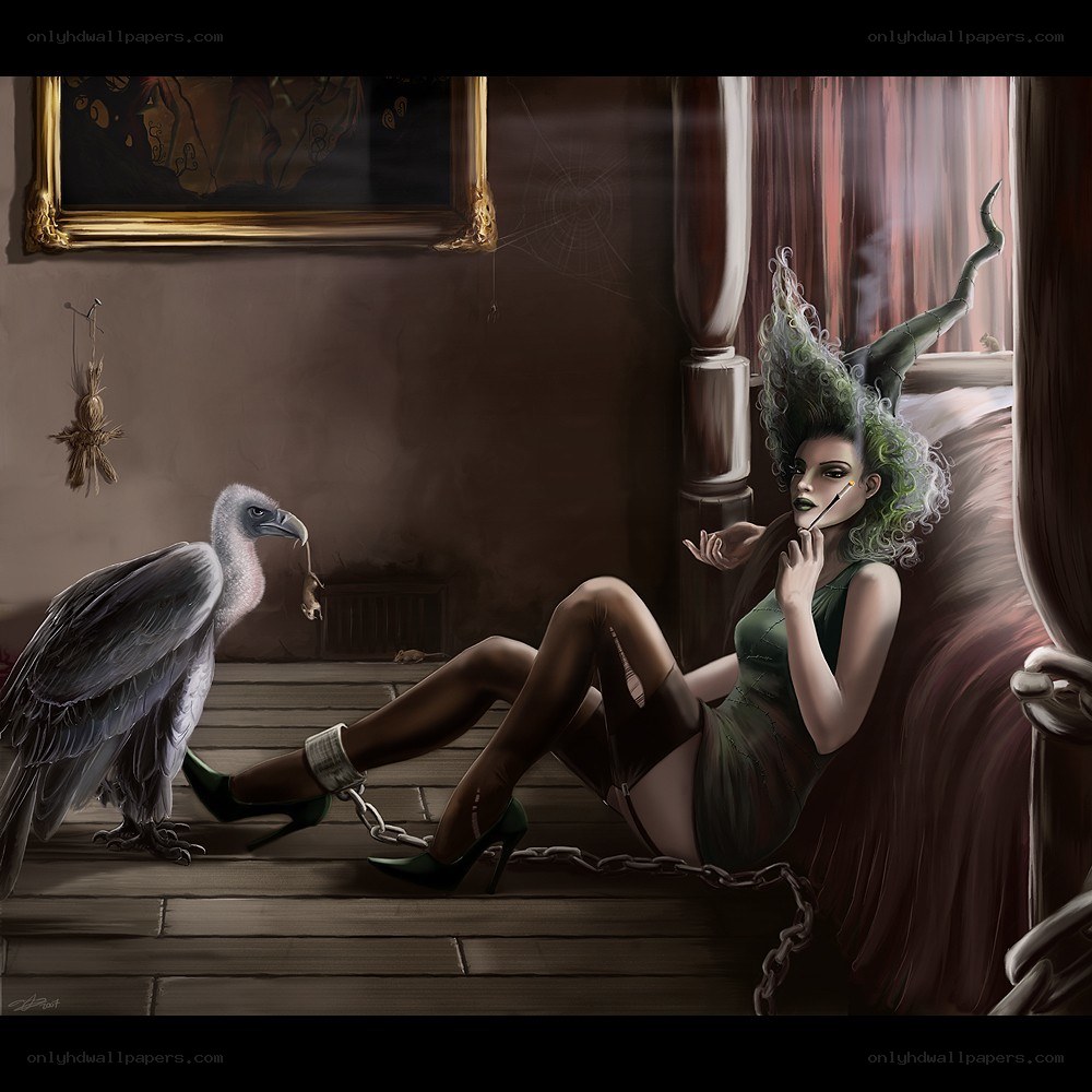 witch with vulture and chains