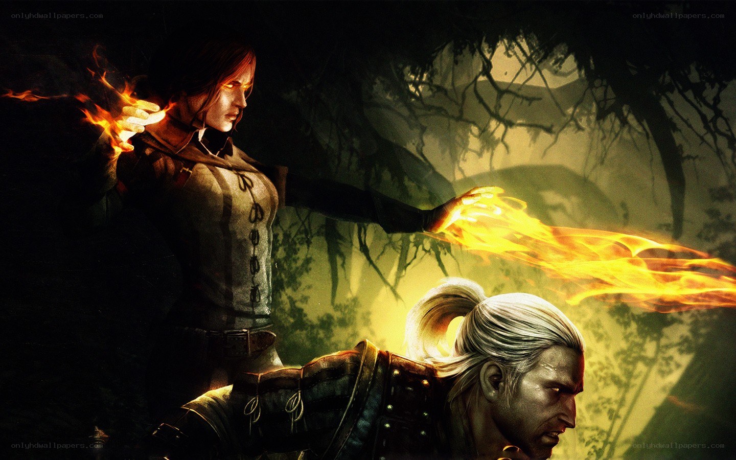 witcher and sorceress in forest