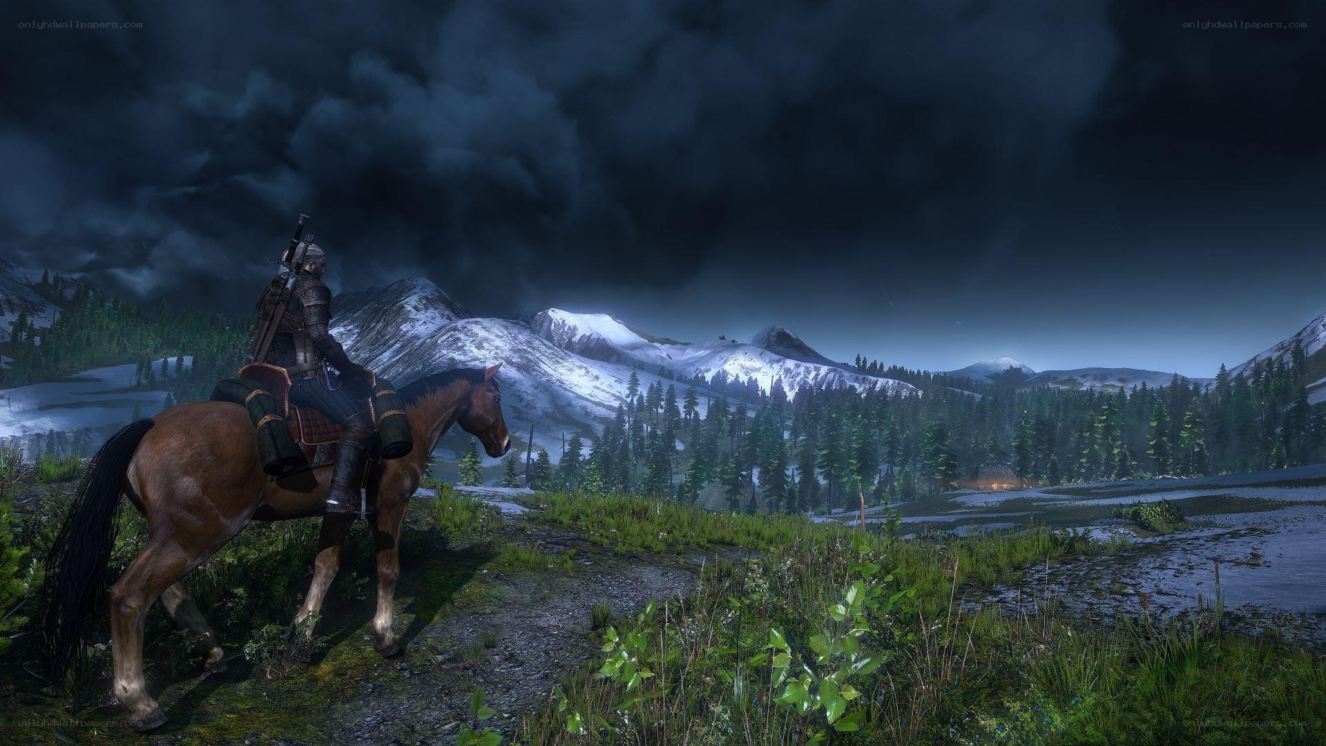 witcher on horseback in mountains