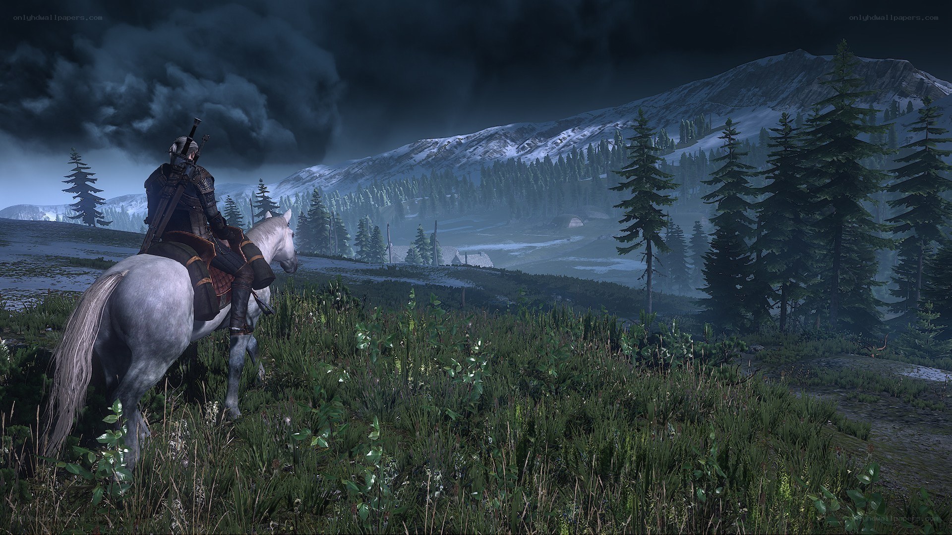 witcher on horseback in mountains