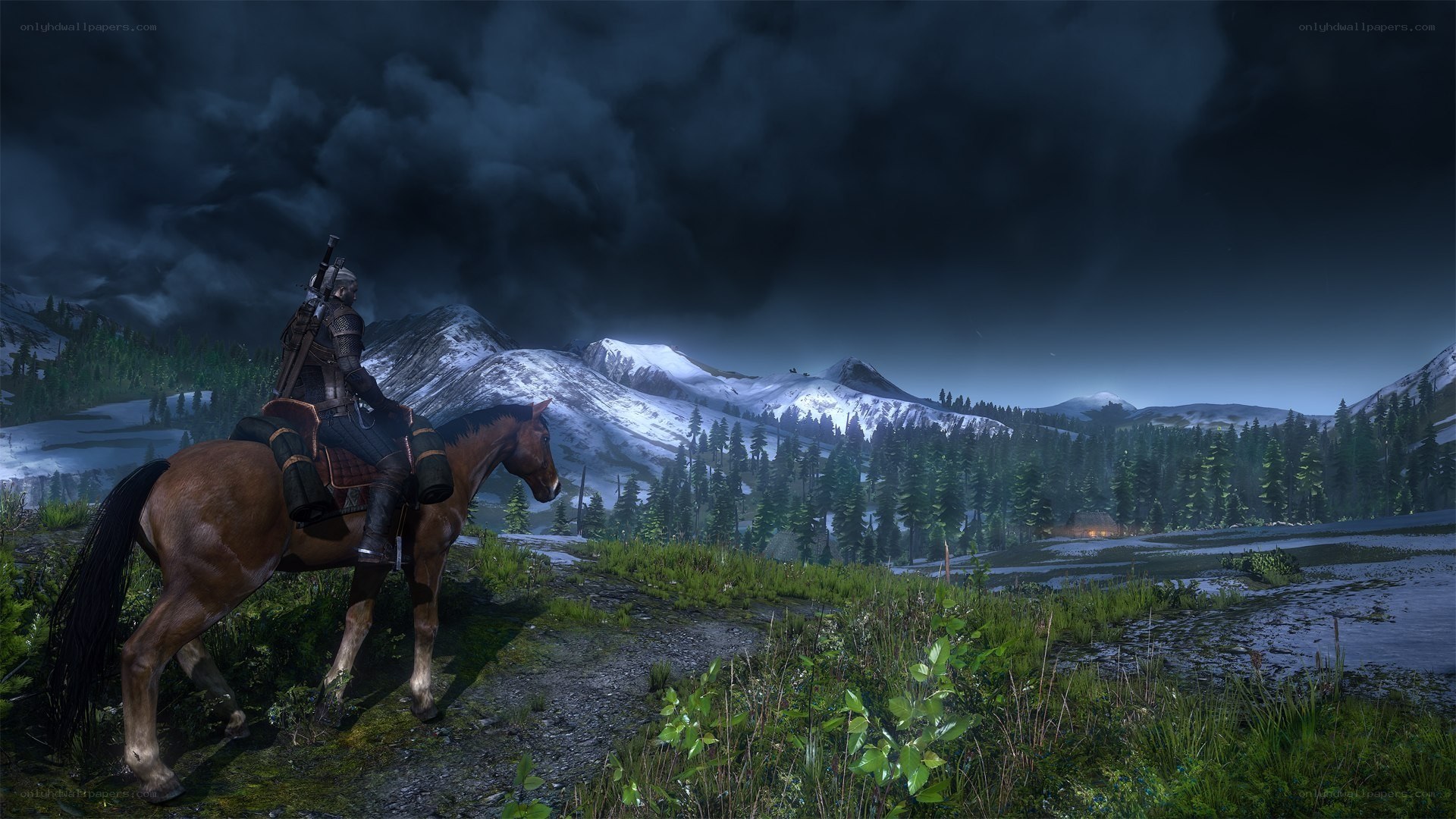 witcher on horseback in mountains