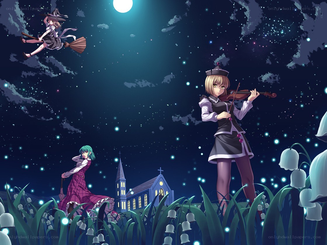 Witches and violinist under moonlight