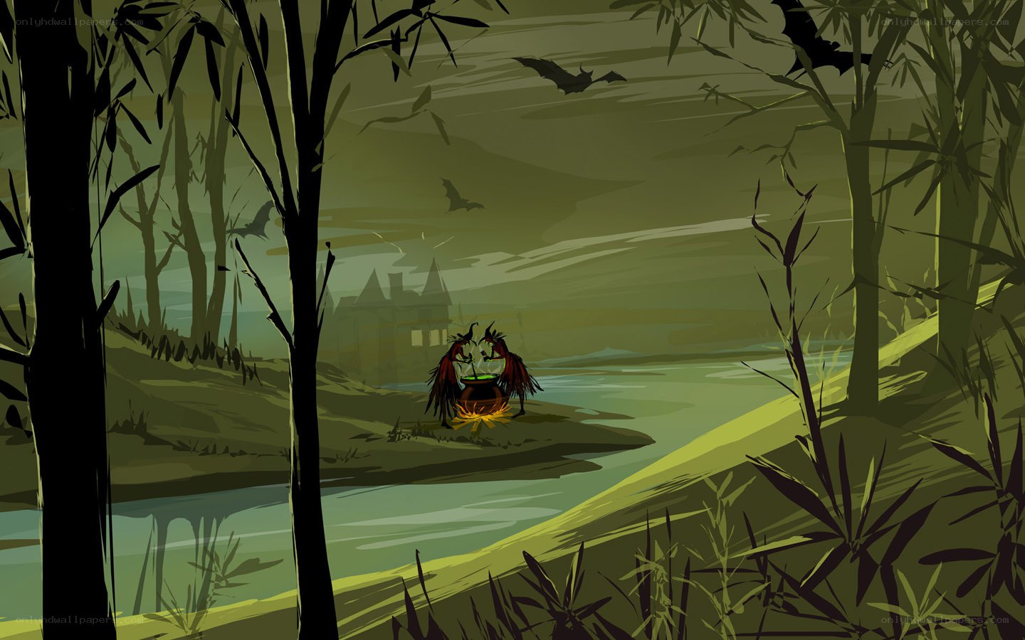 Witches by the river at night