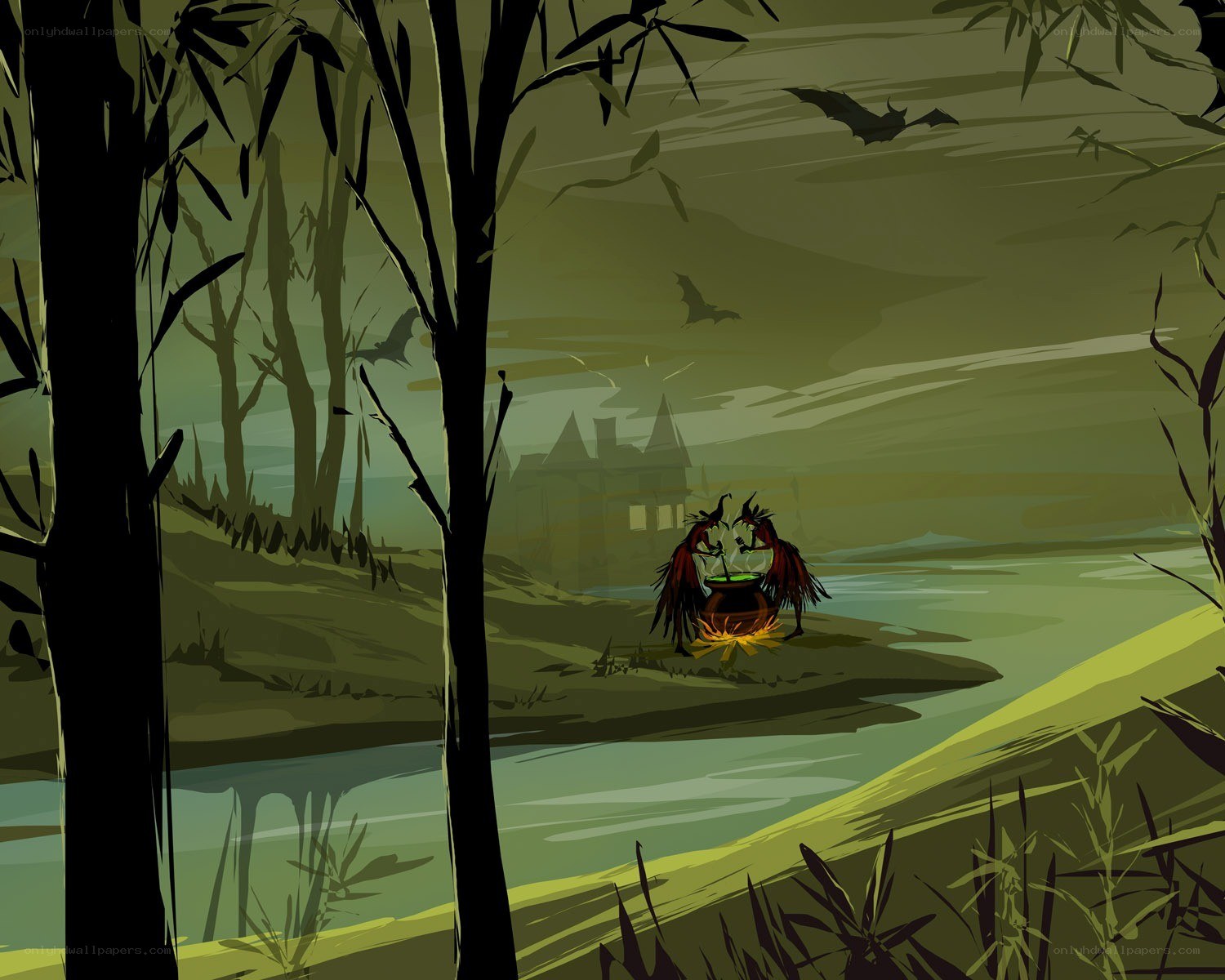 Witches by the river at night
