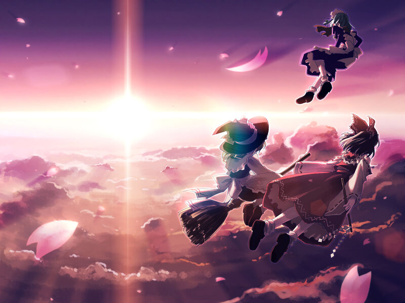 witches flying at sunset