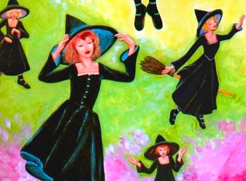 Witches Flying on Broomsticks — Green, Playful