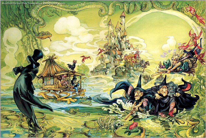 Witches Flying on Broomsticks — Green