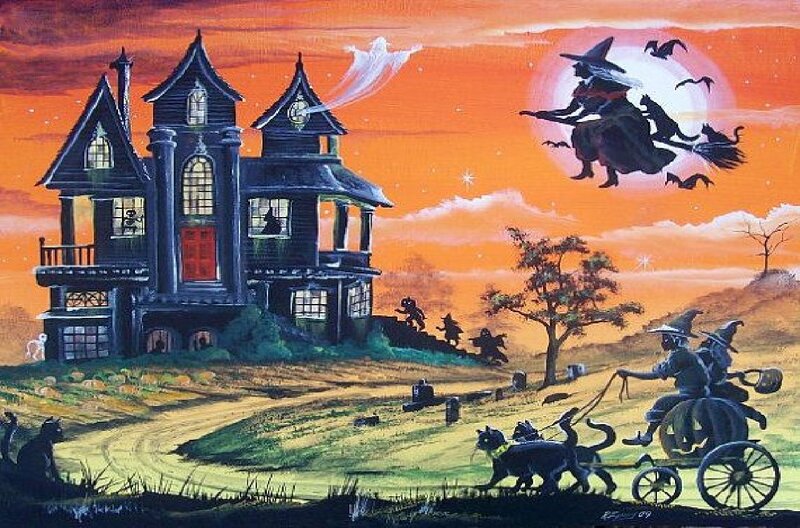 Witches Flying on Broomsticks — Orange