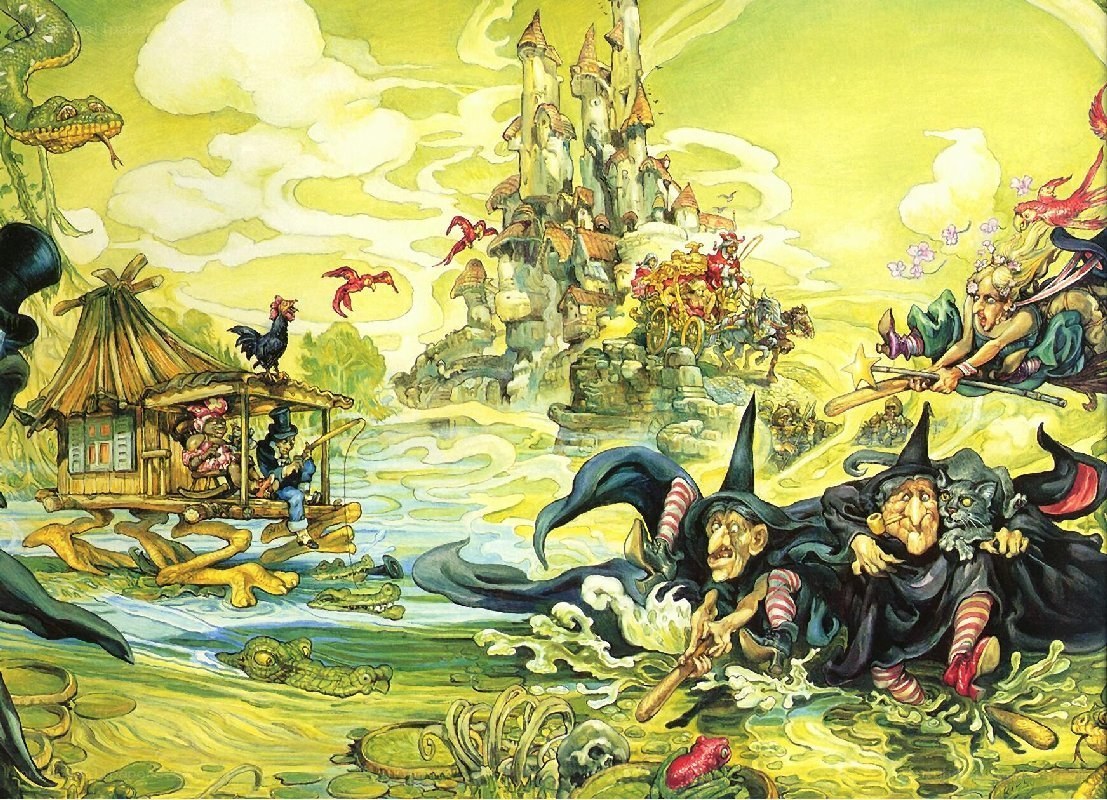 Witches flying over a swamp