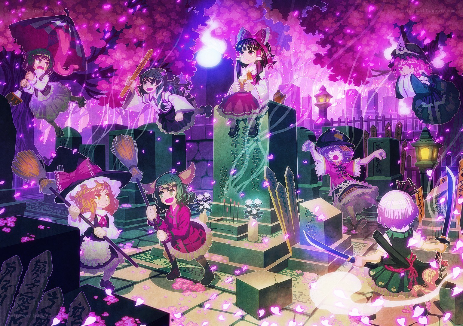 Witches in a cherry blossom graveyard