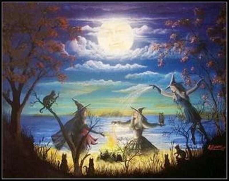 Witches' moonlit gathering
