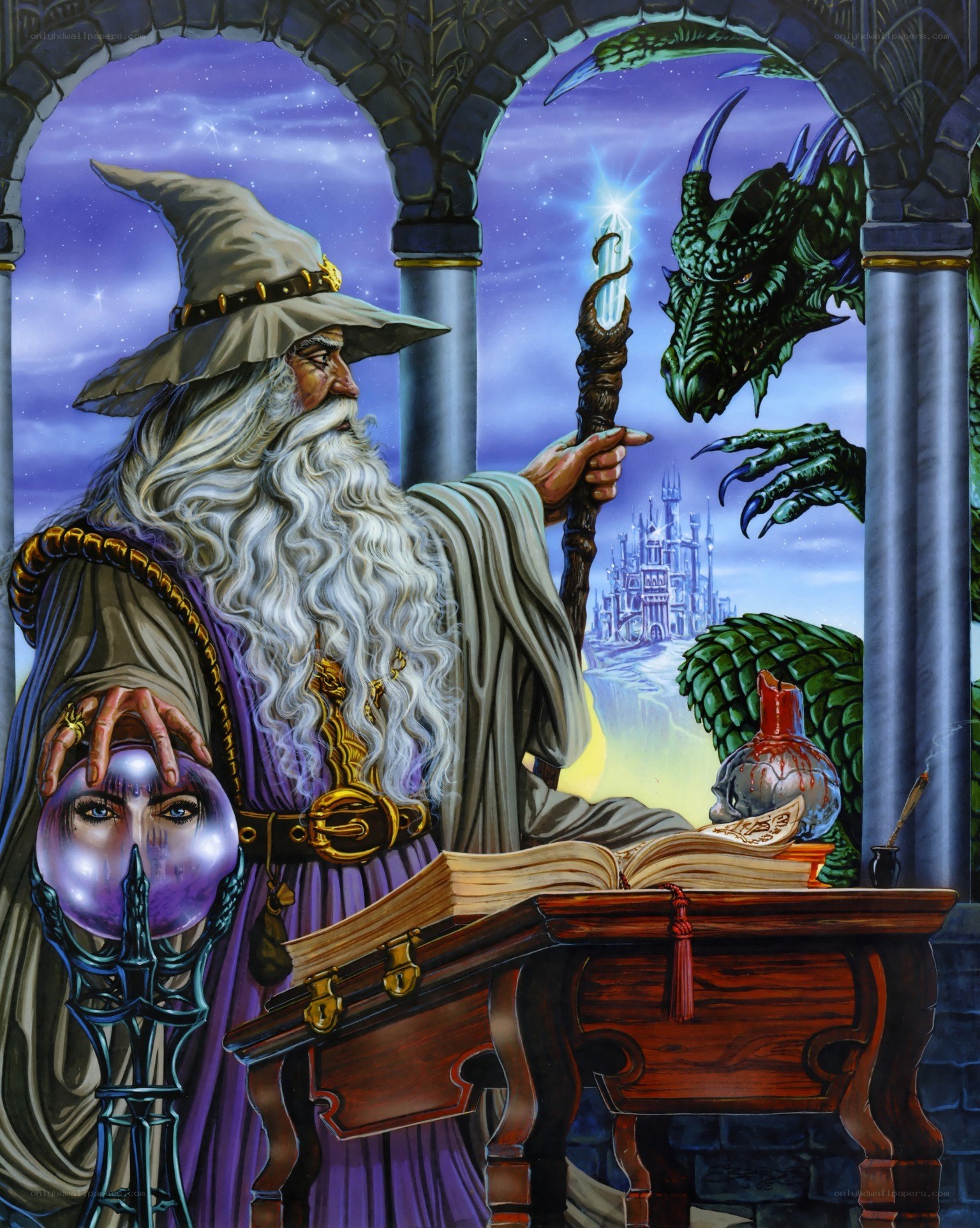 Wizard and dragon in a castle
