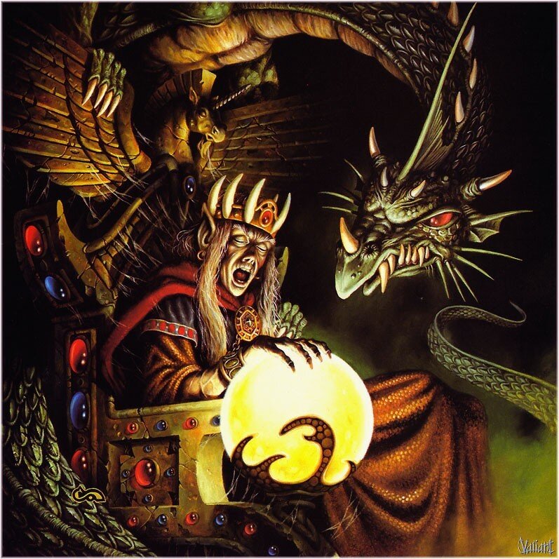 Wizard and dragon in a dark chamber