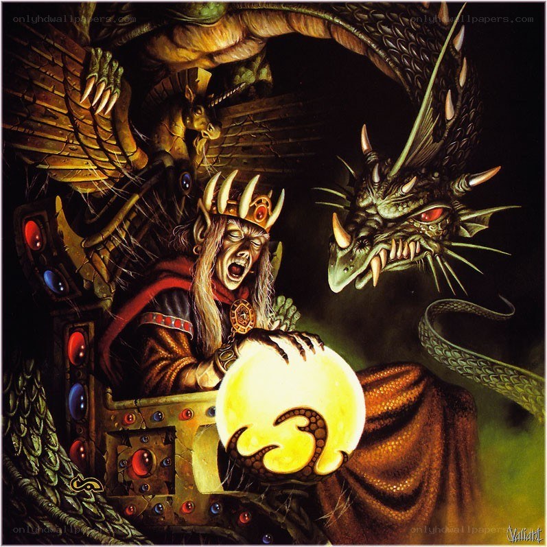 Wizard and dragon in a dark chamber