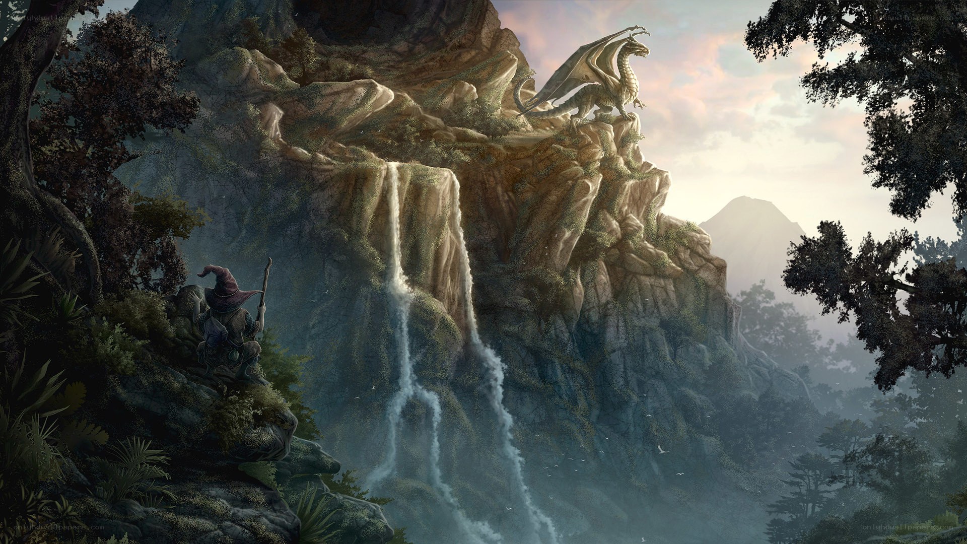 Wizard and dragon on a cliff