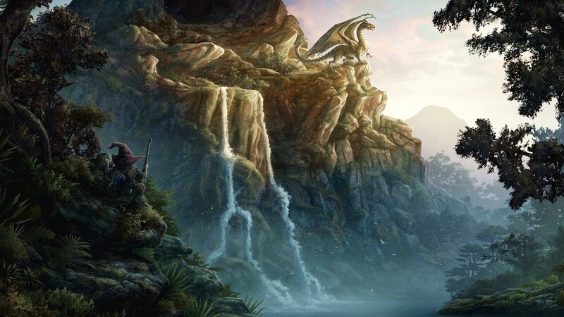 Wizard and Dragon on Cliff — Green, Serene