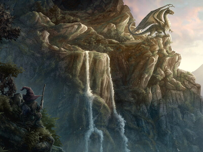 Wizard and Dragon on Cliff