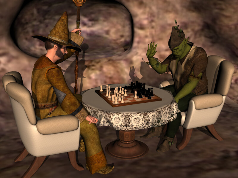 Wizard and Goblin Playing Chess