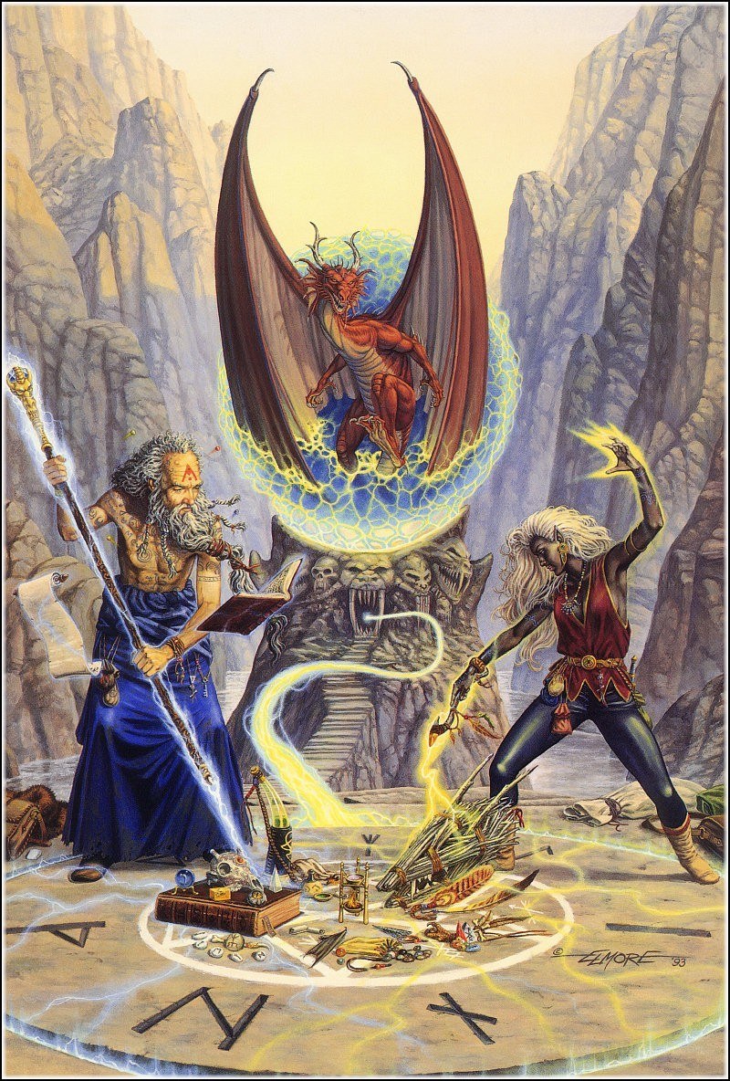 Wizard and sorceress summoning a dragon