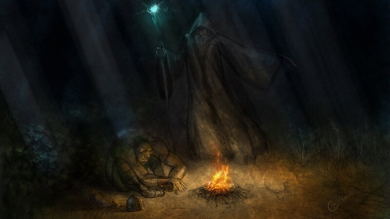 Wizard and warrior by campfire