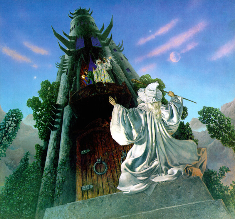 Wizard at a tower entrance