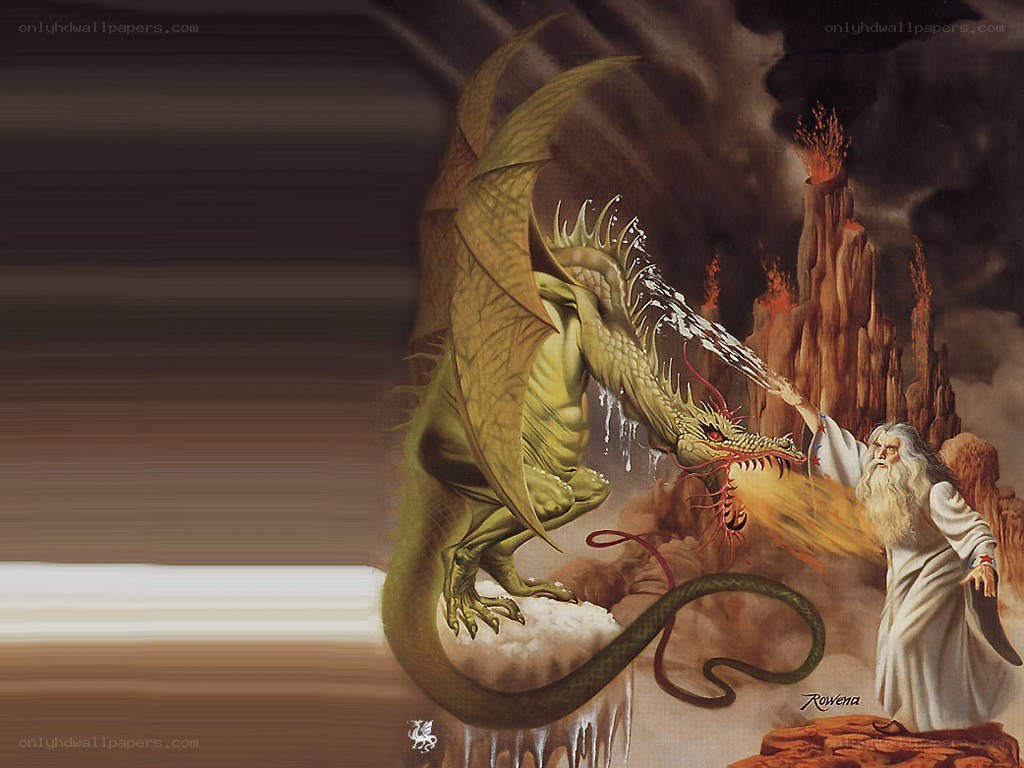 wizard battling a dragon