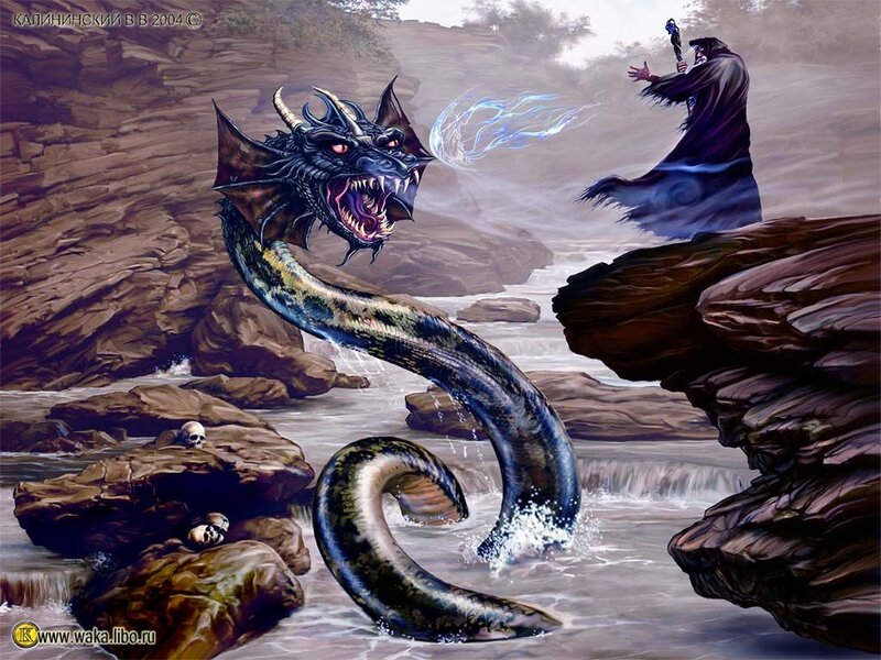 Wizard battling a sea serpent