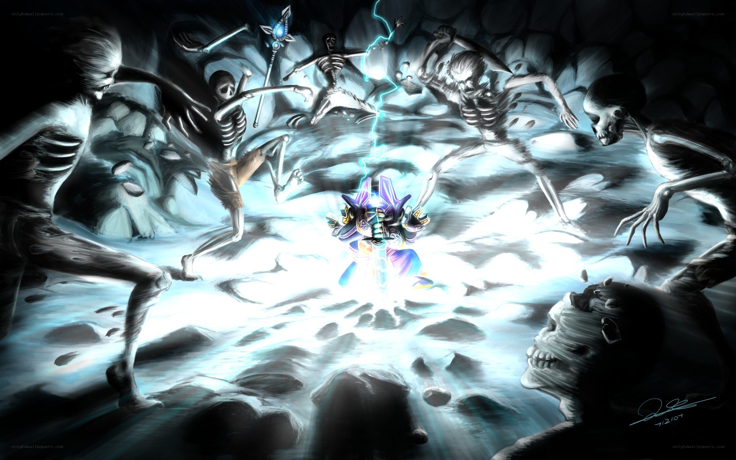 Wizard battling skeletons