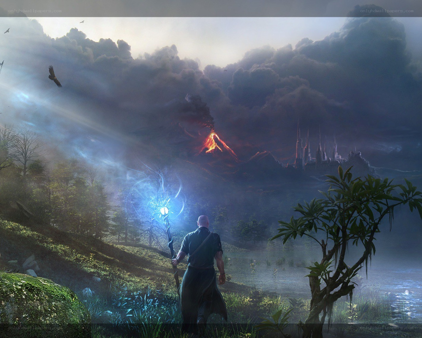 Wizard before a volcanic landscape