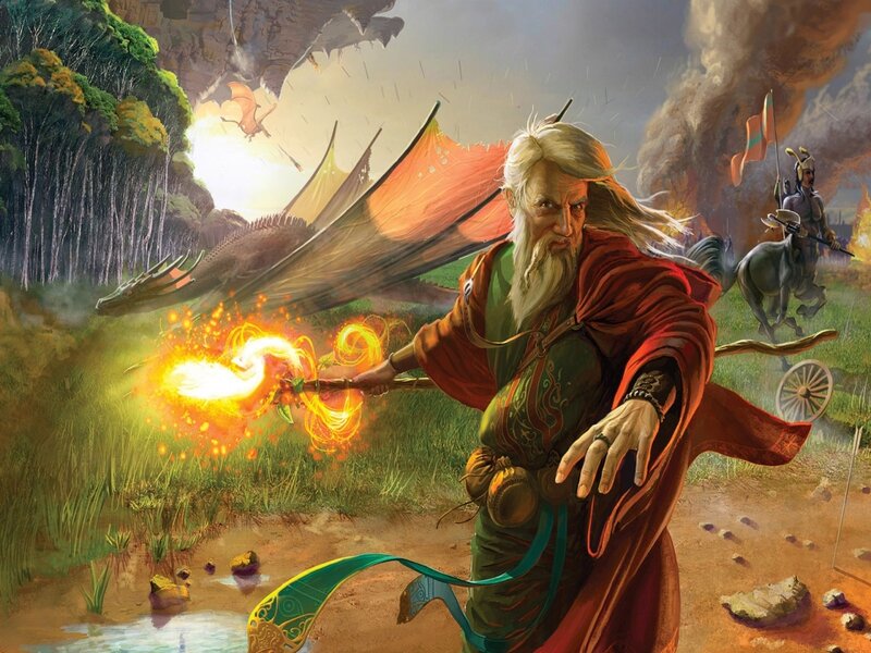 Wizard Casting Fire Spell — Green, Dramatic, Afternoon