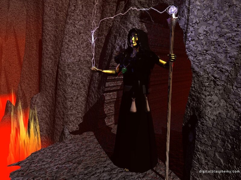 Wizard casting lightning in a cave