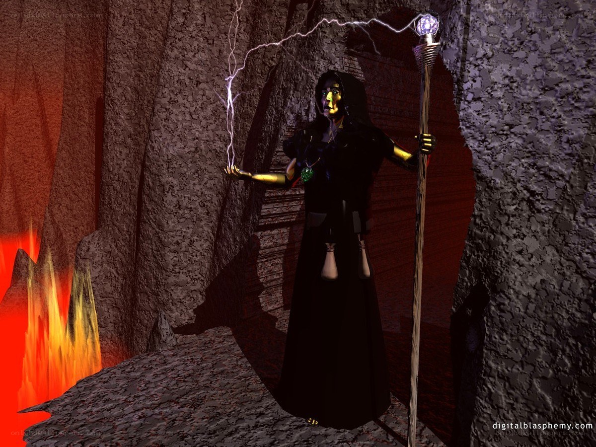 Wizard casting lightning in a cave