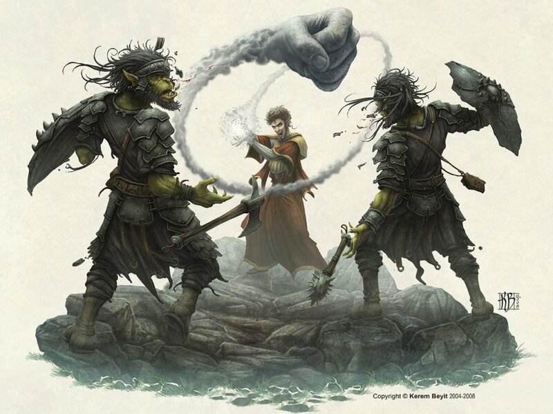Wizard casting spell against orcs