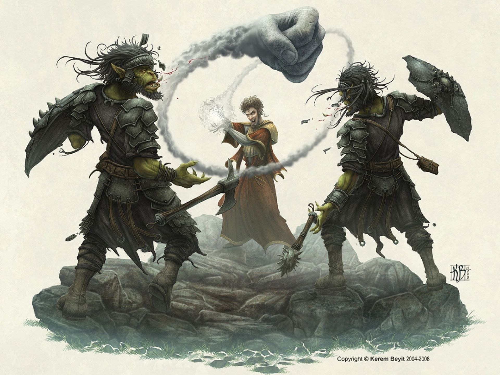 Wizard casting spell against orcs