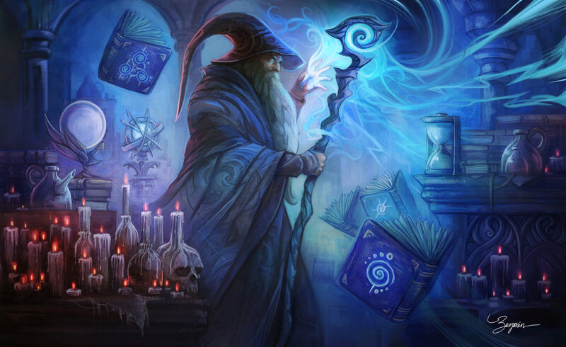 Wizard Casting Spell — Blue, Dramatic, Night, Digital Art, Candles