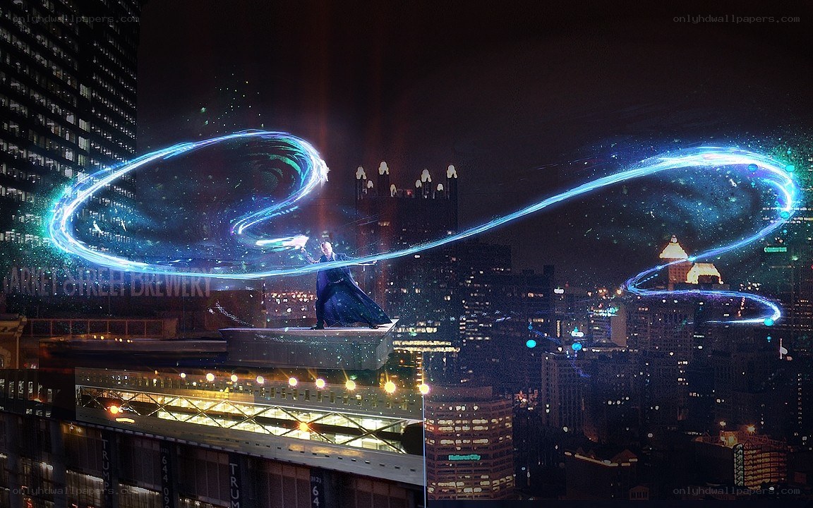 Wizard casting spell in city